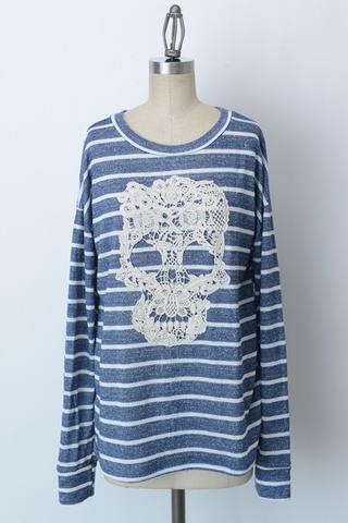 Navy and White Striped Lace Skull Top