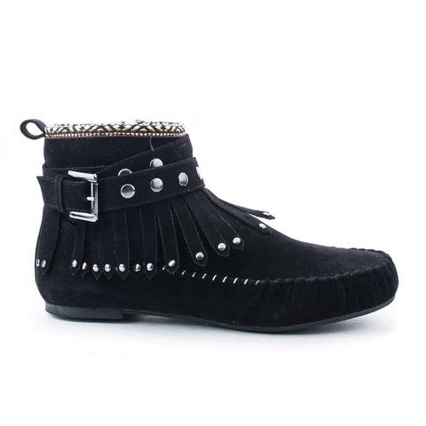 Black Tribal Studded Fringe Moccasin Bootie