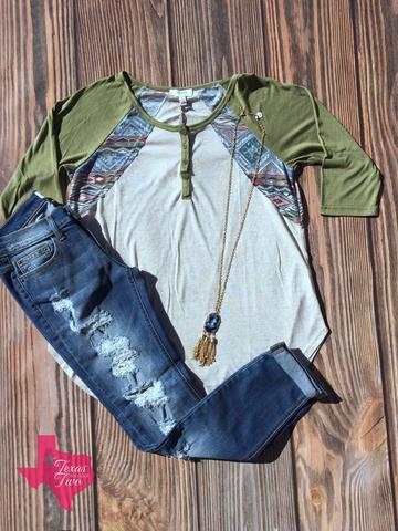 Oatmeal and Olive Tribal Button Raglan (1XL)