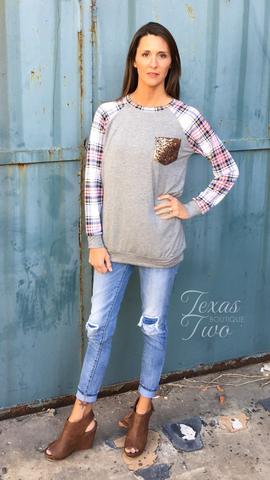 Pink Plaid Sequin Pocket Top (S-XL)